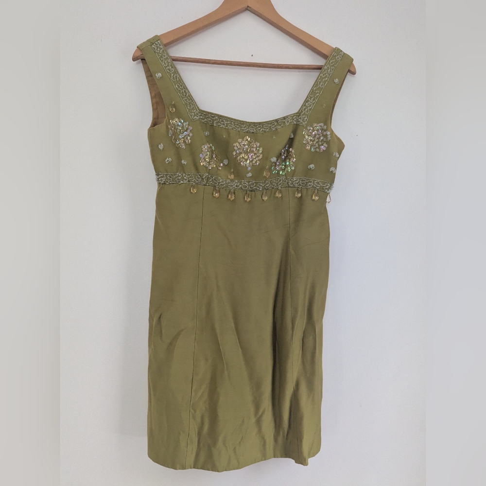 Green Embellished Square Neck Mini Dress